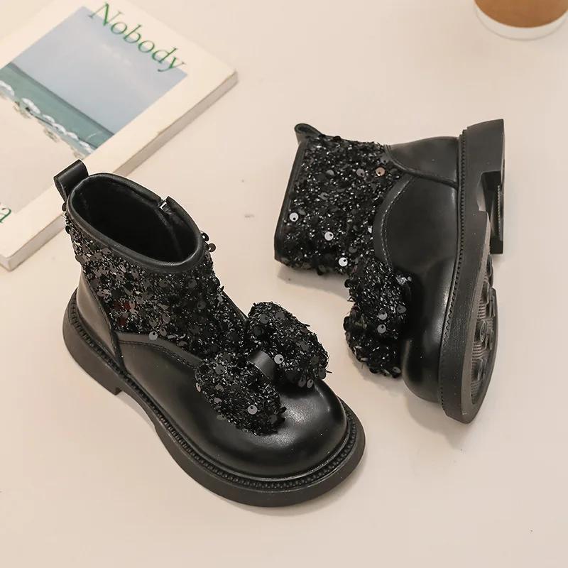 

Children Short Boots for Girls Winter Korean Style Soft Bottom Anti-slippery Versatile Chic Princess Pu Shoes 27 чорний
