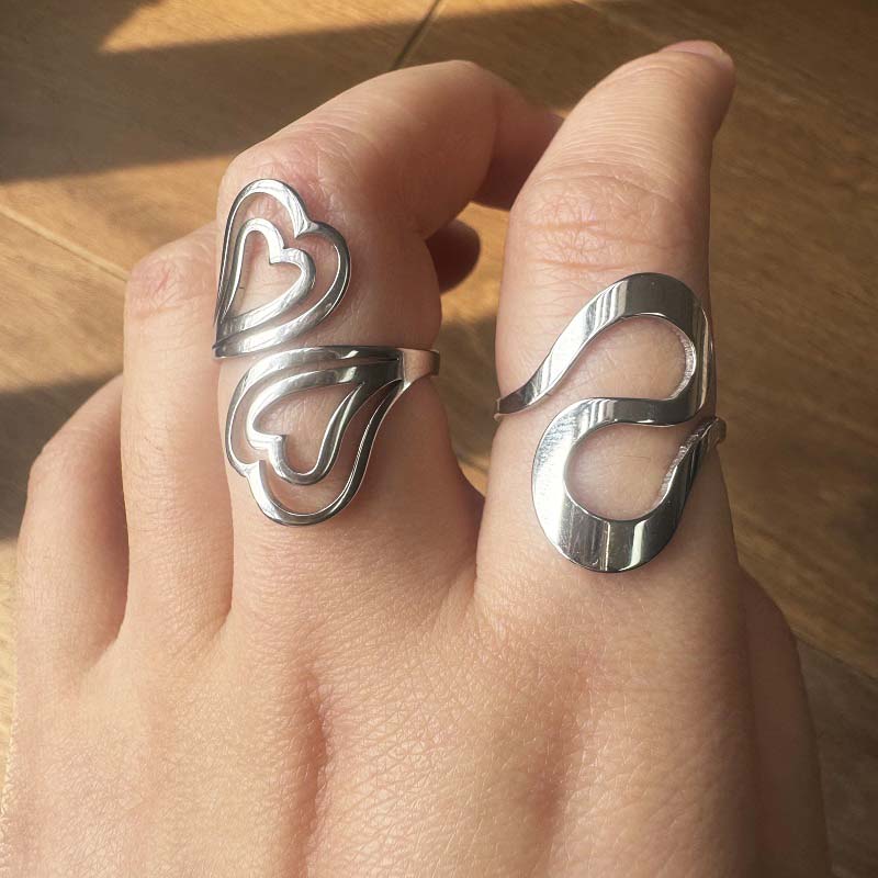 Fashion Silver Color Starfish Leaf Open Rings For Women Stainless Steel Metal Irregular Geometric Double Heart Ring Jewelry