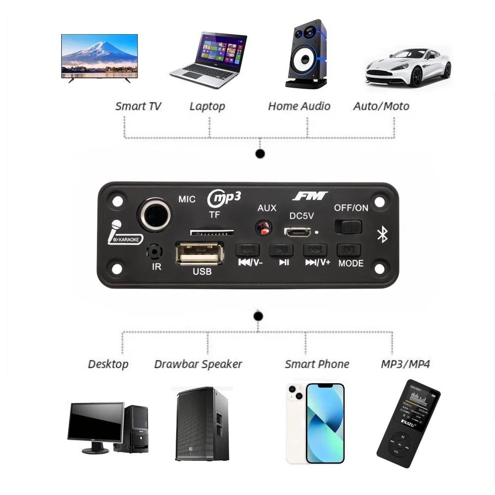 5W Amplifier Bluetooth DIY MP3 WAV Decoder Board DC 5V 10W Wireless Car USB MP3 Player TF Card Slot USB FM with 6.5mm Mic Remote