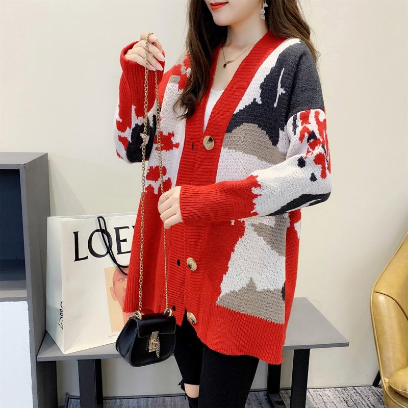 Fashion Loose Knitted Cardigan Printed Sweater Women's 2025 New V Neck Long Sleeve Casual Office Simple Spring and Autumn Coat Outside Clothing