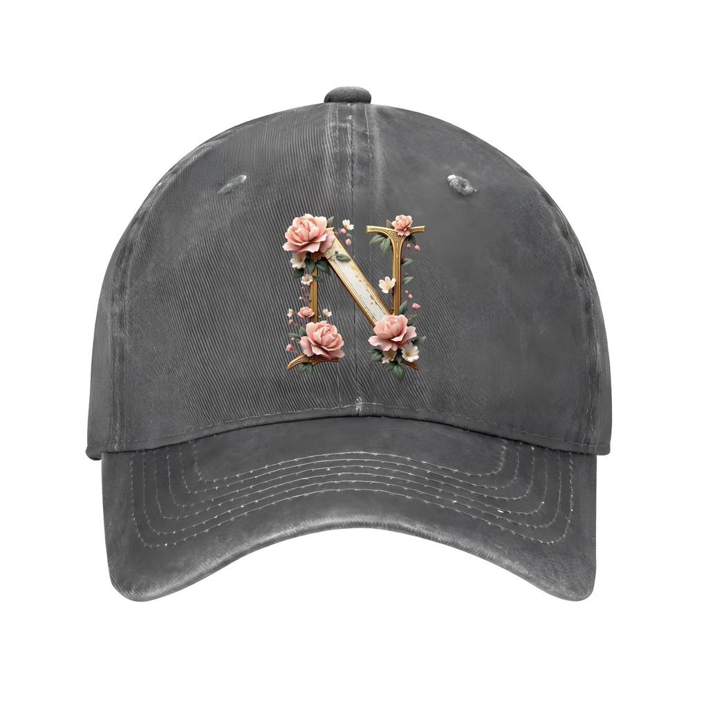 Floral Letter N Monogram Baseball Cap Adjustable Distressed Polyester Casual Hat for Unisex Adults