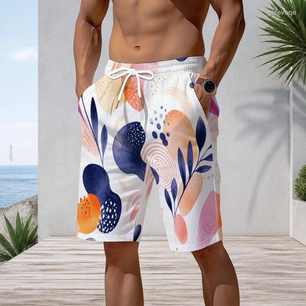 Men s Plus Size Multicolor Printed Beach Shorts Drawstring Waist Side Pockets Straight Leg