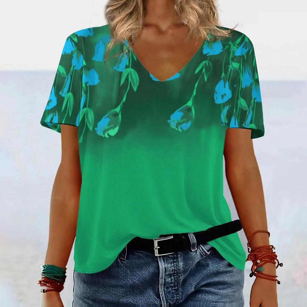 Summer V-neck 3D Gradient Printed Top Fashionable Casual Short Sleeved Women's T-shirts
