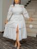 Chic Women Hollow Out Lace Splice Mock Neck Long Sleeve A Line Midi Dress with Belt Casual Party Club Outfits Plus Size