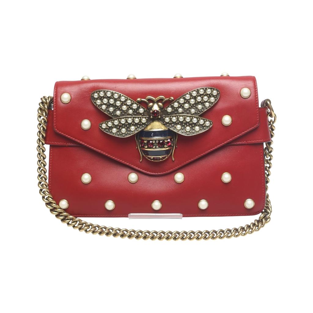 GUCCI 2WAY bag Broadway Pearl Bee Handbag leather Red Women 453778 Used