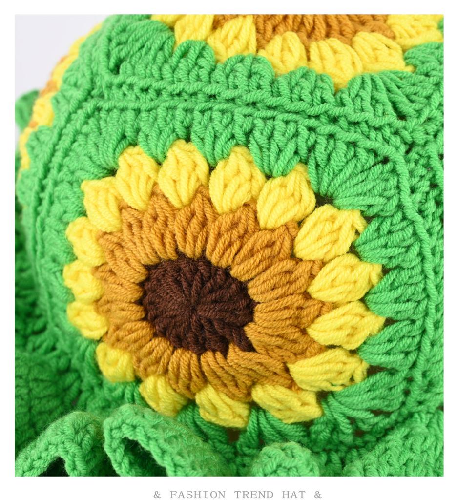Korean Sunflower Lotus Leaf Brim Handmade Crochet Wool Basin Hat Women'S Autumn Winter Warm Sweet Knitted Bucket Hat