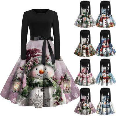 Ausgestelltes Kleid mit Weihnachtsdruck für Damen, langärmelig, hohl, Party, Freizeitkleider