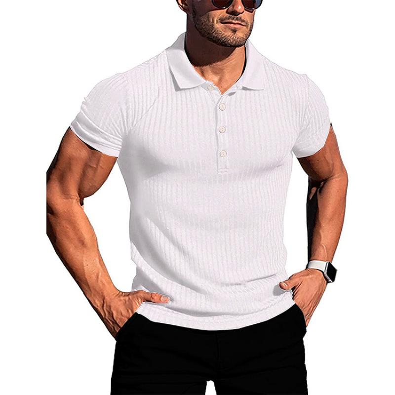 Men's Running Sports Gym Wear Summer High Stretch Vertical Strip Short Sleeve POLO Shirt Slim Fit Knit Base Layer