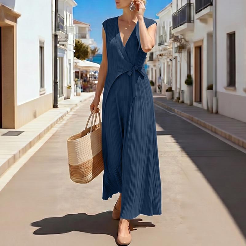 ZANZEA Women Elegant V-Neck Casual Sleeveless Pleated Long Dress