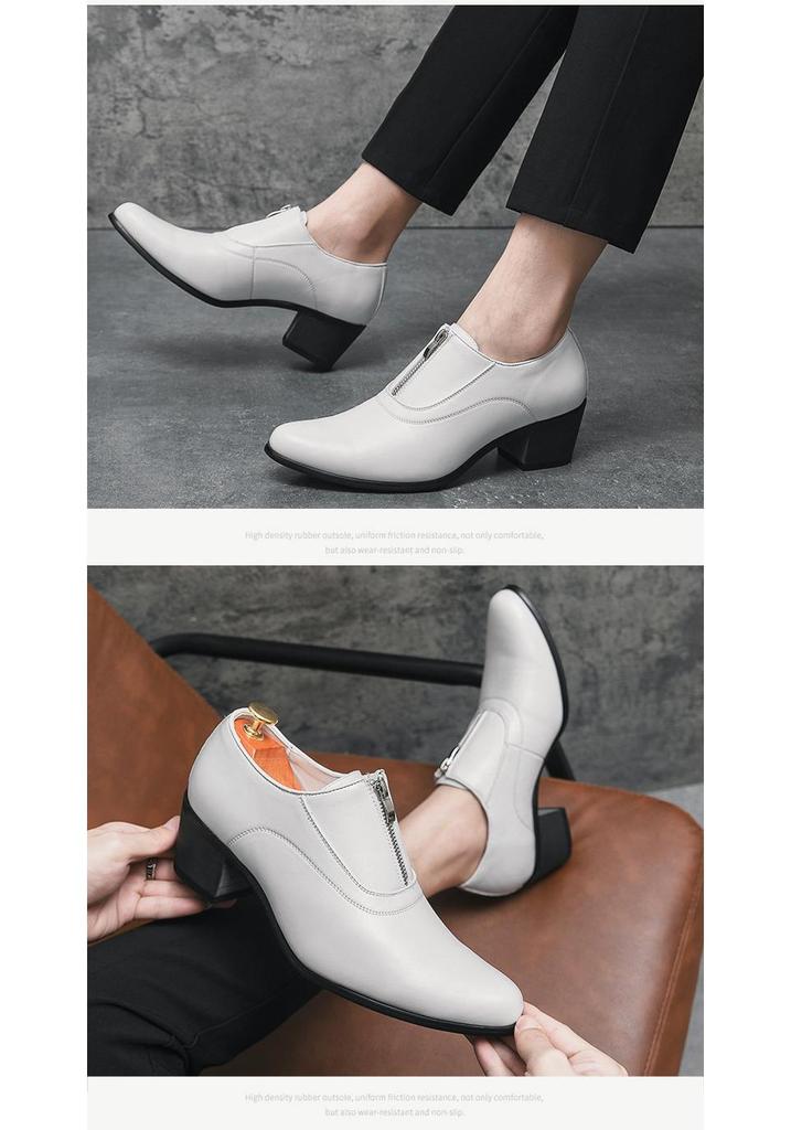 Men's Trendy High-Heeled Leather Shoes for Weddings and Banquets - Size 37, Zipper, Hairdresser Style