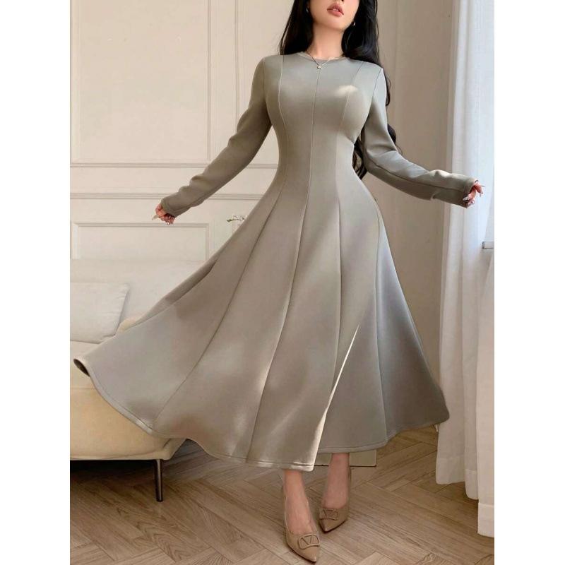 European autumn new solid color round neck front shoulder long sleeve waist thin fashion medium and long dress