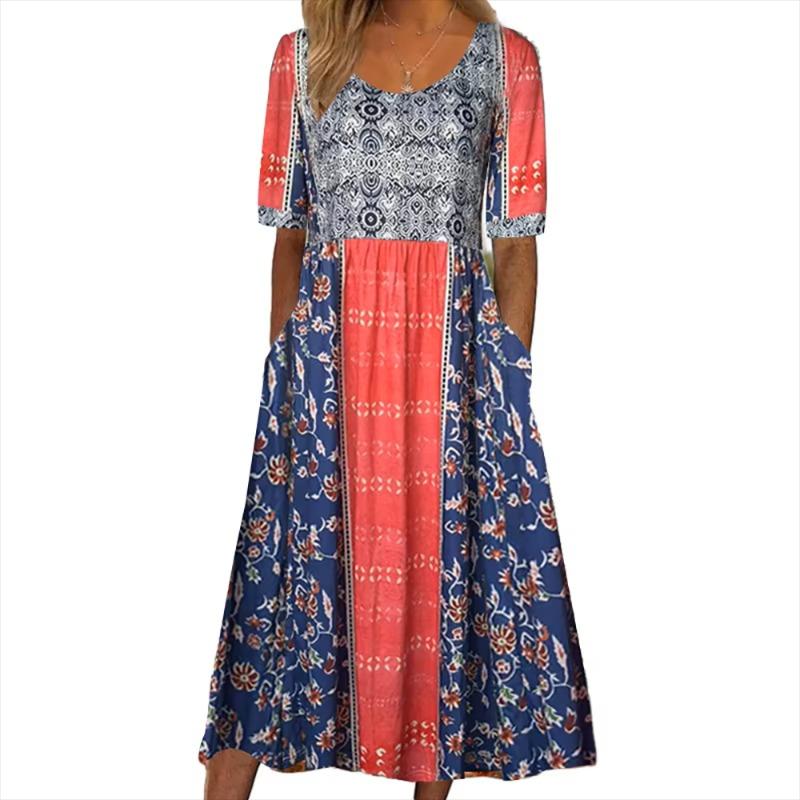 2026 Verano Europa y Estados Unidos nuevo vestido de mujer con cuello redondo, manga corta, falda larga, estampado bohemio para mujer