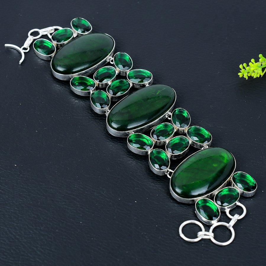 Natural Green Labradorite,Diopside Stone 925 Sterling Silver Bracelet 7-8" k4N61