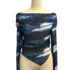 T-shirt Top da Donna a Maglia Rete Stampata Scollo a Barca Sulla Spalla Manica Lunga Vestibilità Slim