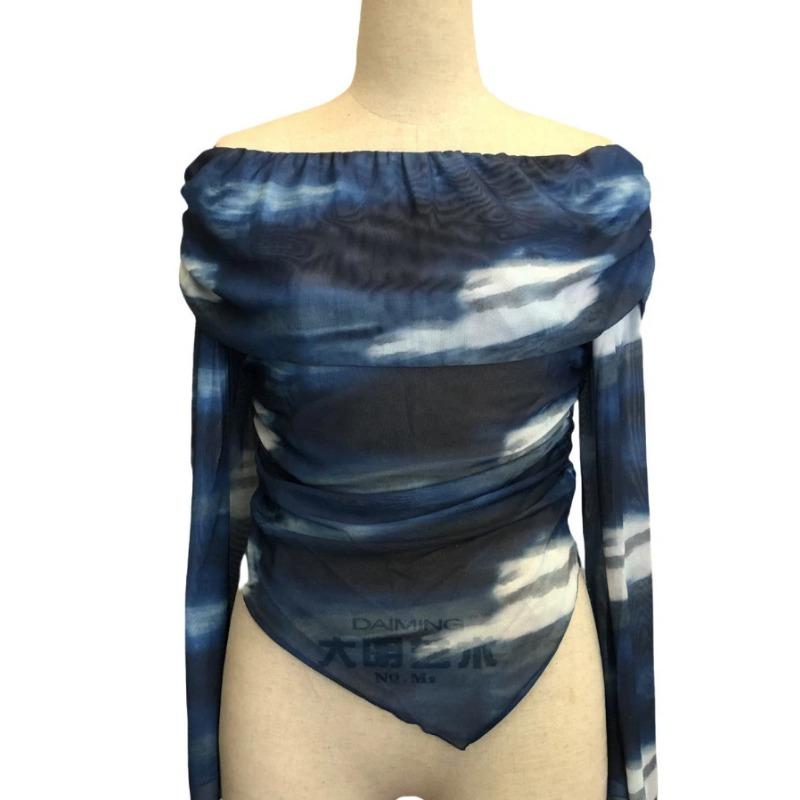 T-shirt Top da Donna a Maglia Rete Stampata Scollo a Barca Sulla Spalla Manica Lunga Vestibilità Slim