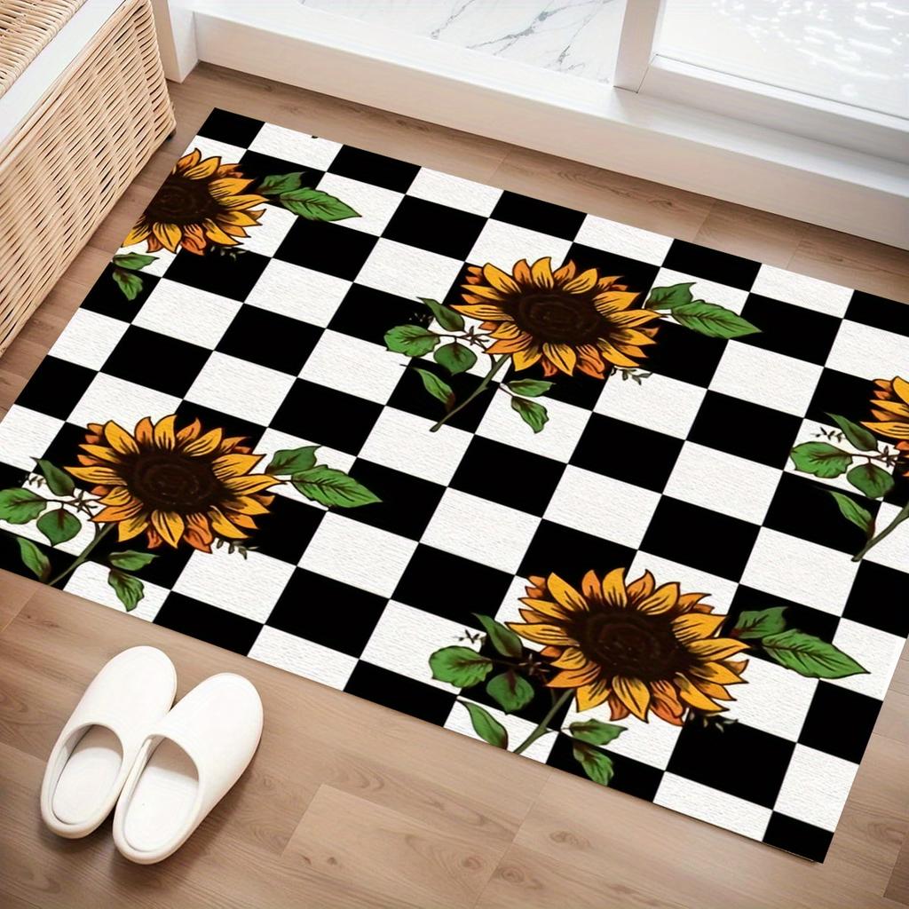 1PC Sunflower Checkered Printed Door Mat Kitchen Mat, Dustproof Carpet, Entrance Mat, Bedroom, Living Room, Garden, Decoration