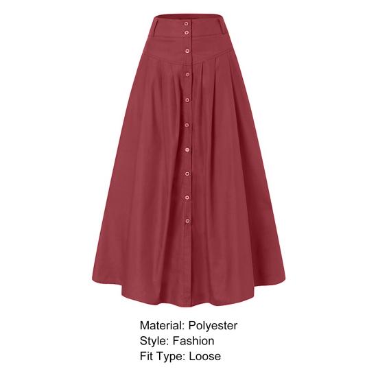 Women Skirt Solid Color High Waist All Match Button Decor A-line Summer Maxi