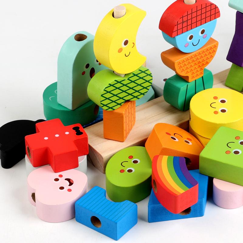 Wooden Children's Character Expression Bead Columns Colorful Sorting Toys Shape Stringing Matching Educational Building Blocks