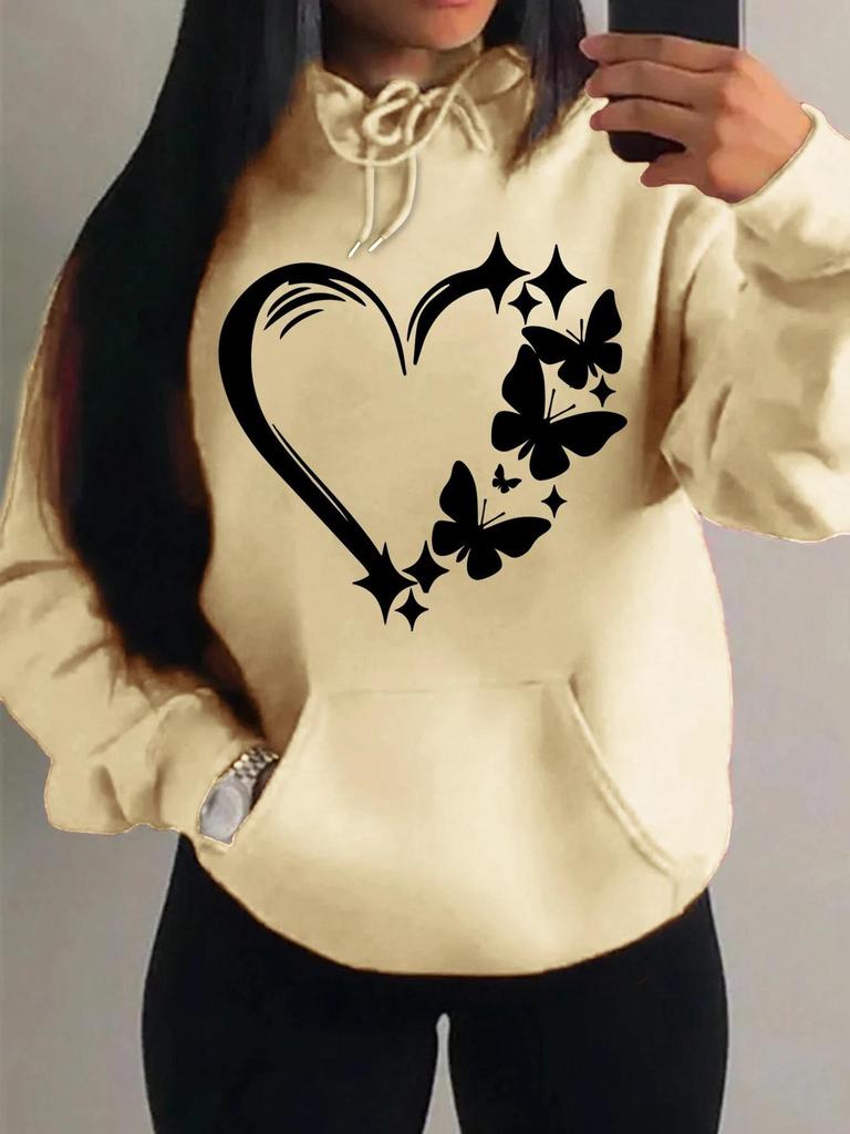Women's Loose Fleece Hoodie with Love & Butterfly Print