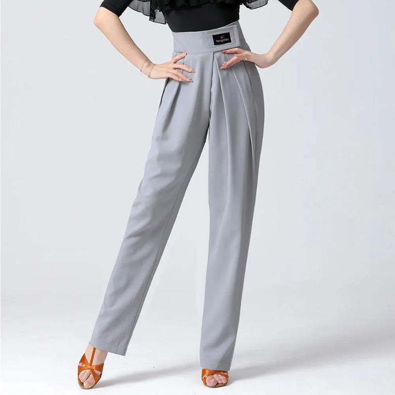 

High Waist Women Latin Modern Dance trousers Professional Tightened Cuff Design Pants Lady Ballroom Pants Pocket S серый