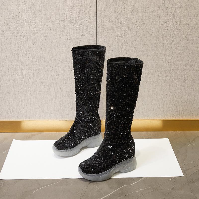 2025 New 8cm Fashion Sequin Knee High Boots Women Glitter Bling Shiny Trend High Heels Side Zip Platform Boots Goth Shoes