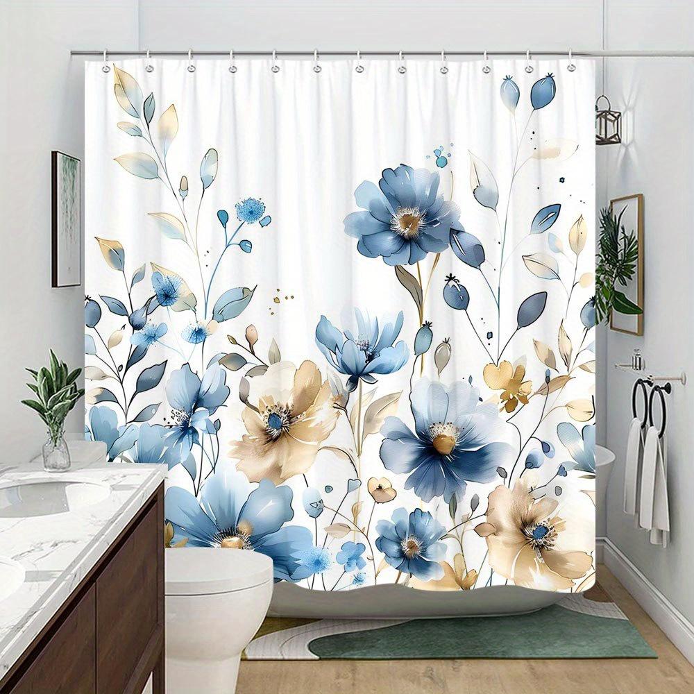 1pc Elegant floral shower curtain, watercolor blue and beige flowers, soft gradient design, polyester fabric, with hooks