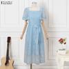 ZANZEA Women Elegant Square Collar Short Sleeve Lace Patchwork Dress