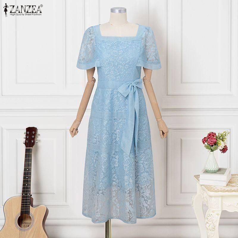 ZANZEA Women Elegant Square Collar Short Sleeve Lace Patchwork Dress