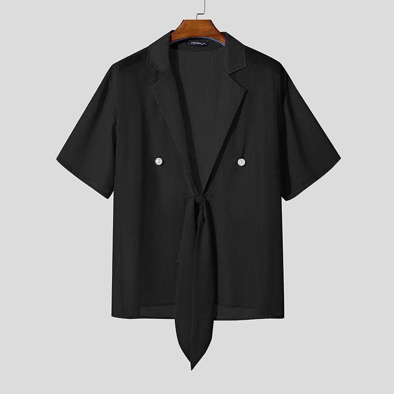 INCERUN Men Summer Short Sleeve Twisted Mesh Sheer Seen Through T-shirts