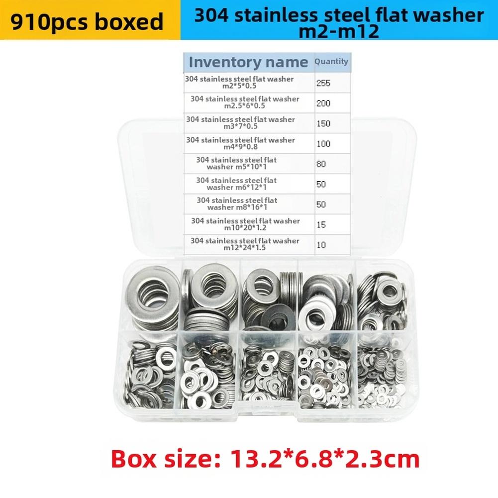 

304 Stainless Steel Flat Washers 910Pcs Assorted Sizes M2 To FOR M12 Hardware Repair Gasket Tool Accessories China Mainland