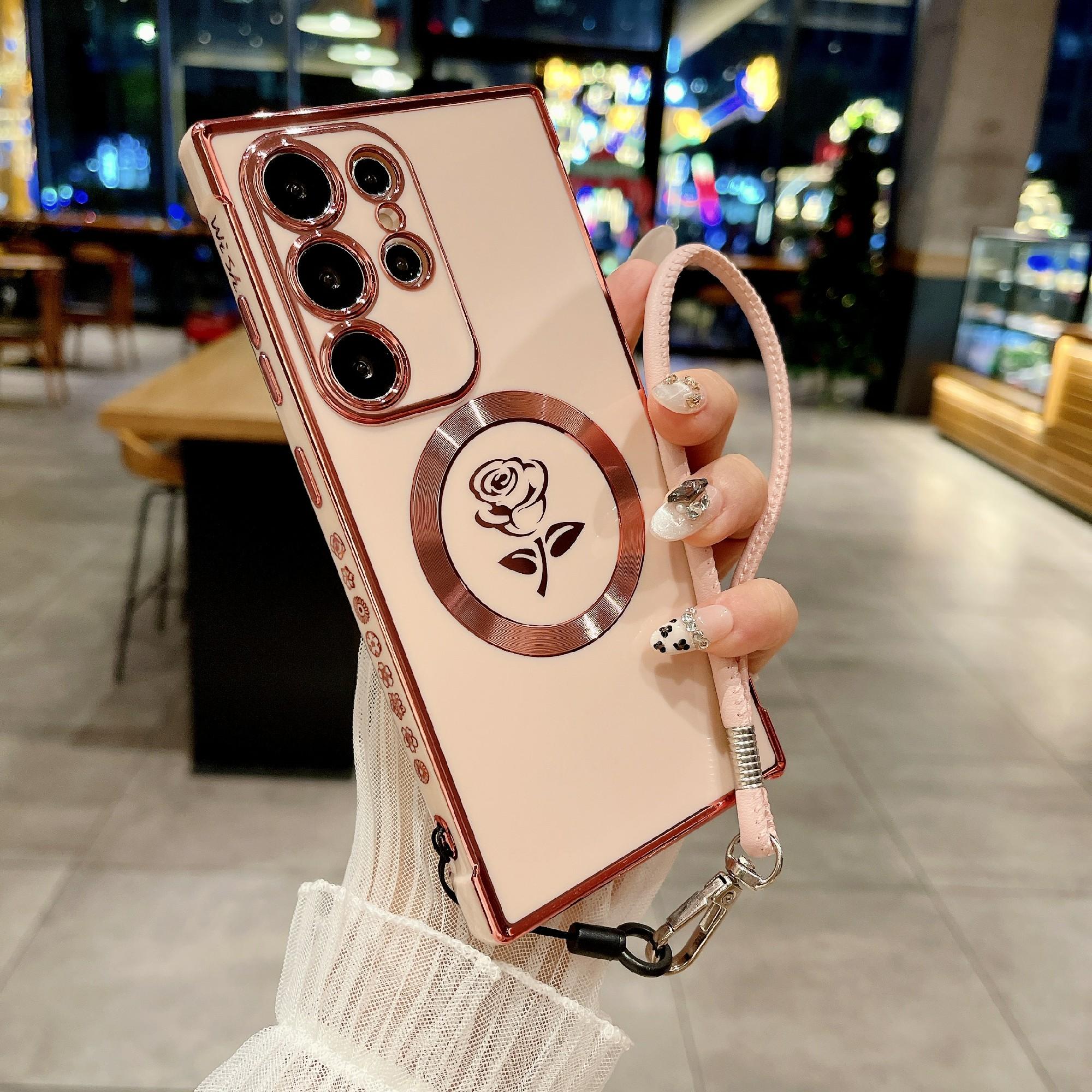 

For Samsung Galaxy S25 Ultra Magnetic Case with Strap Rose Flower Electroplated TPU Phone Cover Rose Pink