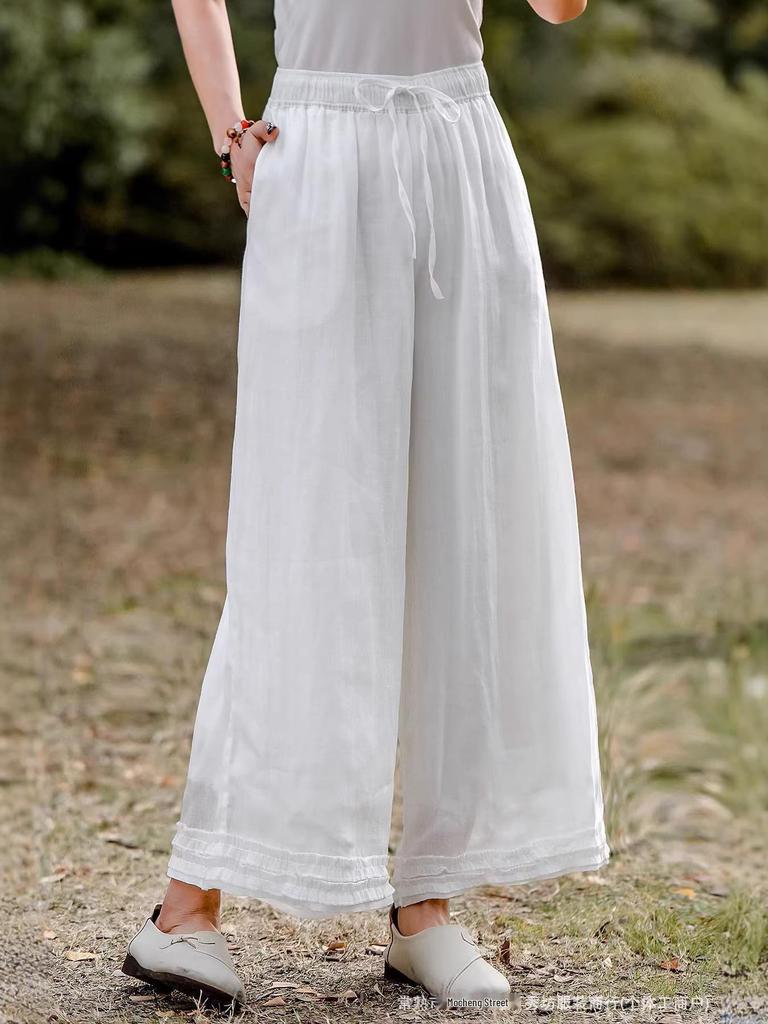 2026 Artistic Solid Color Ramie Wide-Leg Ruffle Pants - Elastic Waist, Double-Layer, Women’s Summer Casual Long Pants