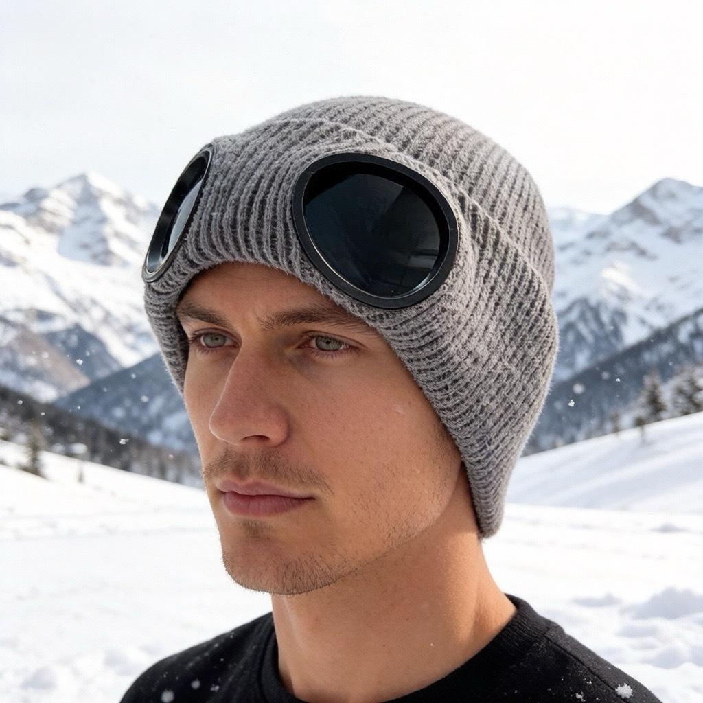 Men's Trendy Windproof Knit Pilot Hat with Goggles - Versatile & Warm for Autumn and Winter