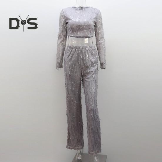 2Pcs/Set Women Tassel Sequin Party Outfit Set O Neck Long Sleeve Cropped Tops High Waist Wide Leg Long Pants Set