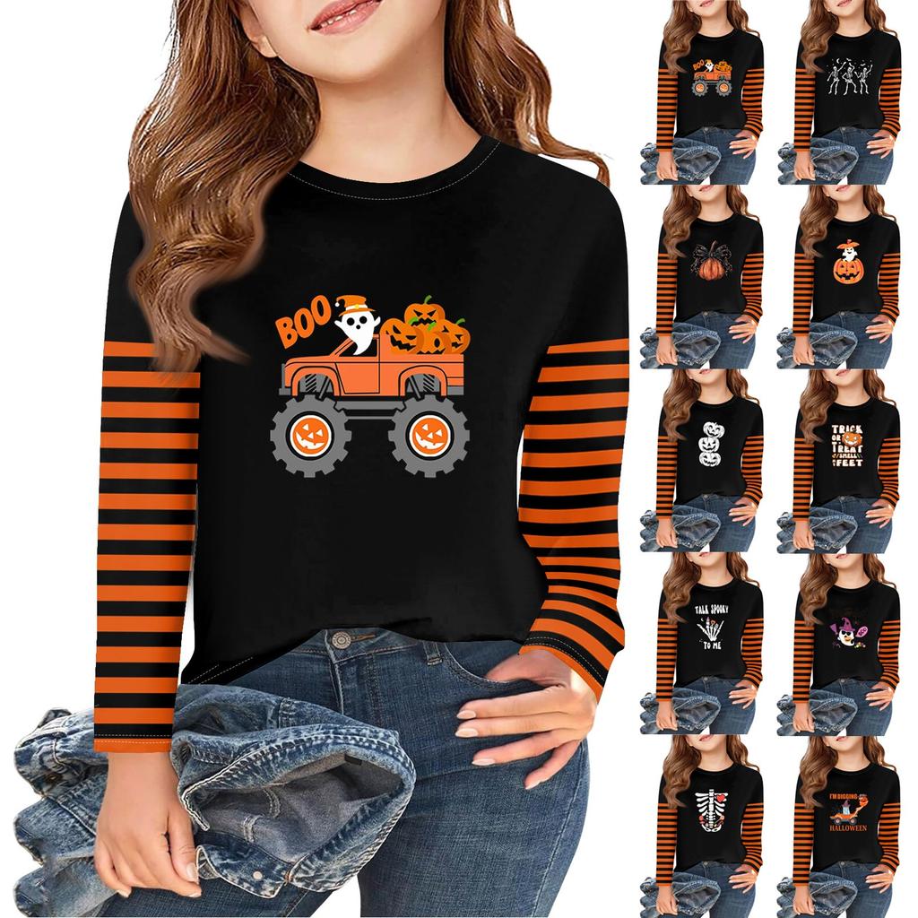 Girls Long Sleeve Halloween Day T Shirts Kids Fall Tops Crewneck Basic Tees 2-11Y