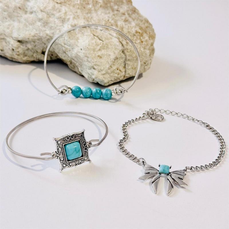 Bohemian Turquoise Leaf Bracelet, Ethnic Bow Flower Turquoise Bracelet Set