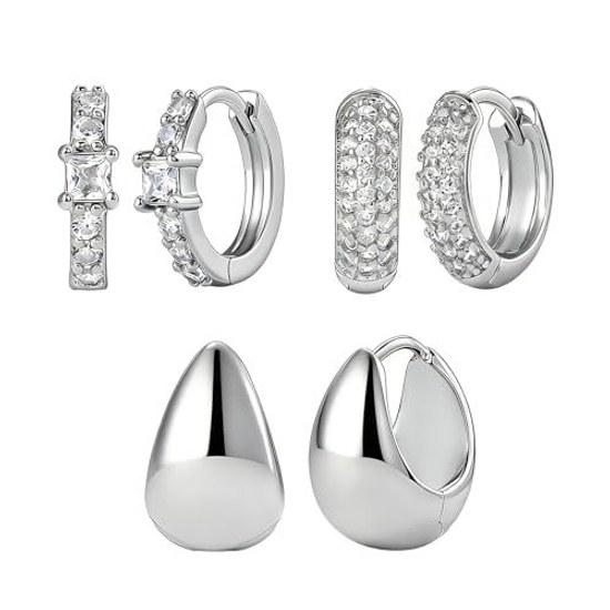 3 Pair Earring Set Women Hoop Earrings Ring Small Size Suitable All-Day Wear Metal Allergy Friendly 18k Gold Plated Silver Surgical Stainless Steel