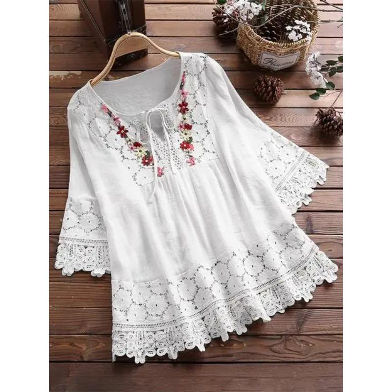 Summer Women Casual Solid Shirt Linen Stitching Lace Flower V-neck Loose Blouse Elegant Holiday Shirts