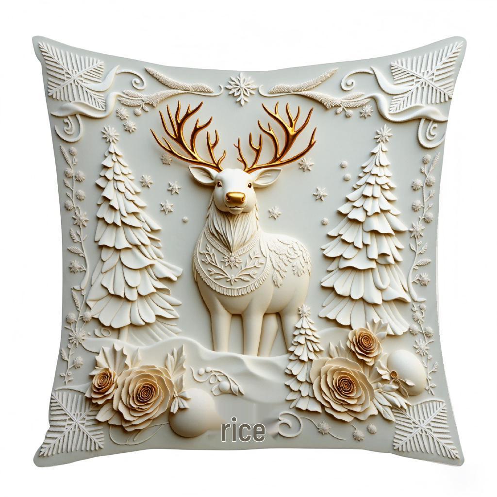 Goldener weihnachtlicher Kurzplüsch-Kissenbezug mit Schneemann-, Rentier- und Baum-Design - Festliche Heimdeko-Kissenhülle