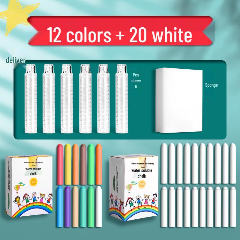 Large Dustless Erasable Chalk Set - Water-Soluble, Colored & White for Teachers & Kids