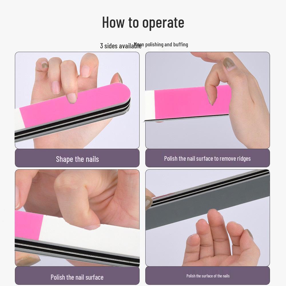 Three-Sided Washable Nail Polishing Strip - Pink, White, Gray - Nail Surface Sanding Sponge & Polisher Tool