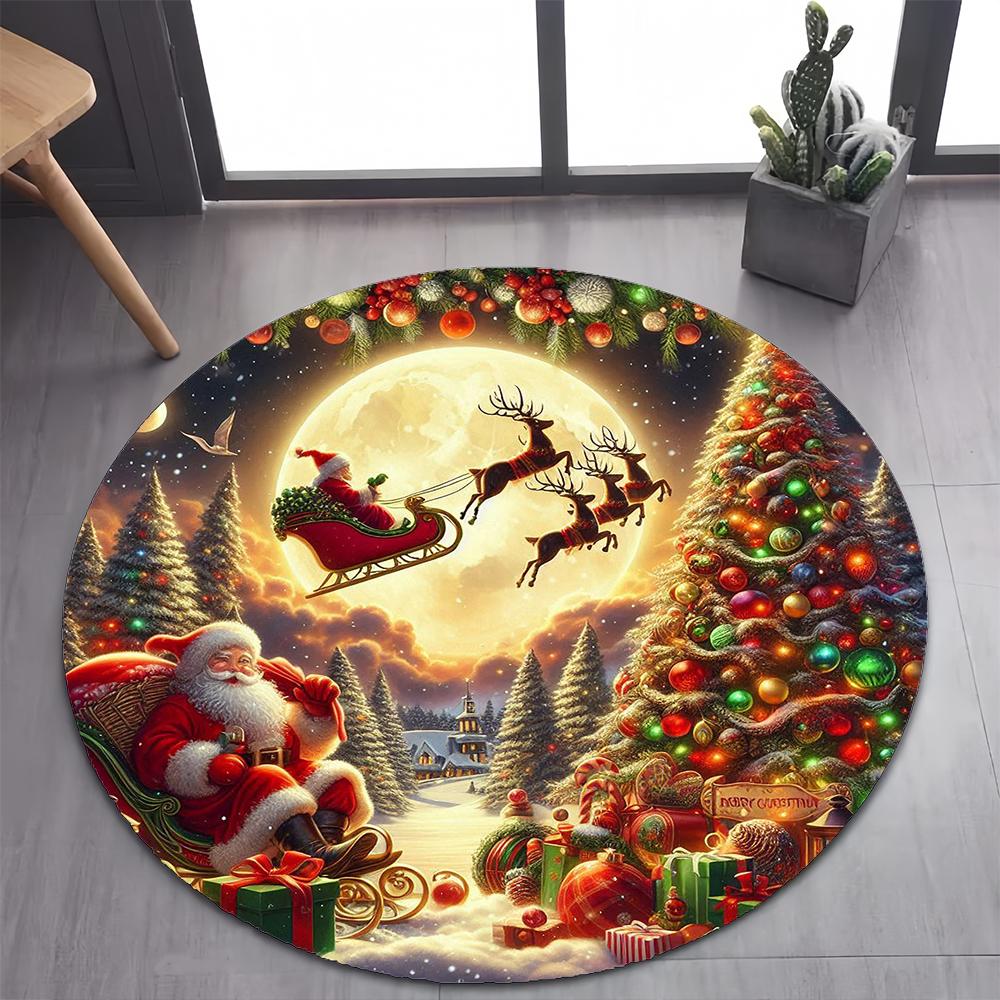 Niedlicher Weihnachtsmann Frohe Weihnachten Baum Cartoon Festival Geschenk Runder Teppich für Schlafzimmer Wohnzimmer Dekoration, Dekor Bodenmatte