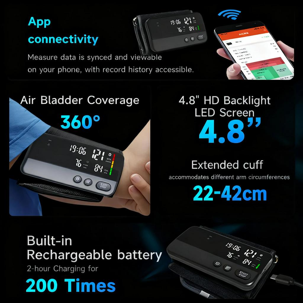 Portable Bluetooth Blood Pressure Monitor Digital Tonometer LCD Large Display Adjustable Large Cuff Sphygmomanometer