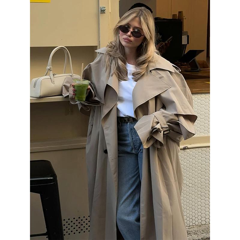Women Casual Lace Up Long Trench Coat Chic Solid Color Full Sleeve Lapel Windbreaker New Fashion Loose Commute Jackets