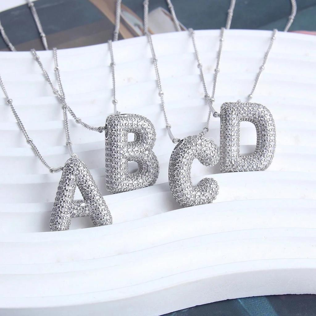 CZ Zircon Chunky Bubble Letters Pendant Necklace for Women Men Silver Color Initial A-Z Letter Necklace Charm Jewelry