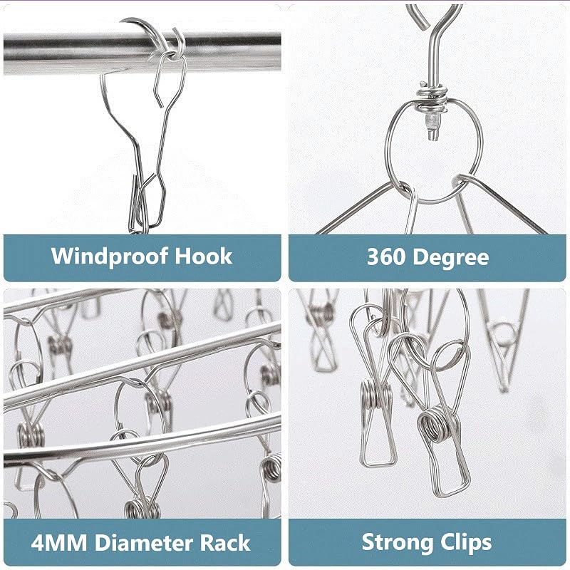 WudTus Stainless Steel Clothes Peg Hanger with 20 Pegs, Swivel Hooks, and Pegs for Drying Clothes. Windproof and suitable for drying socks, underwear,