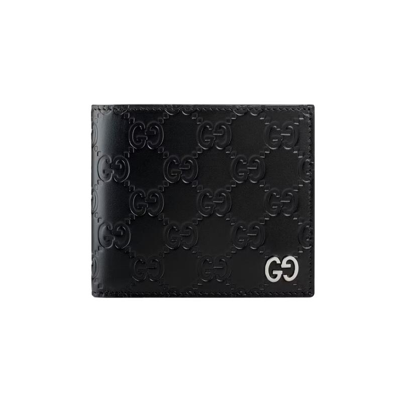 Gucci Silver label Double G Presbyopia Logo embossed Leather with coin bag Short bi-fold wallet wallet Men's Black Classic recommendation