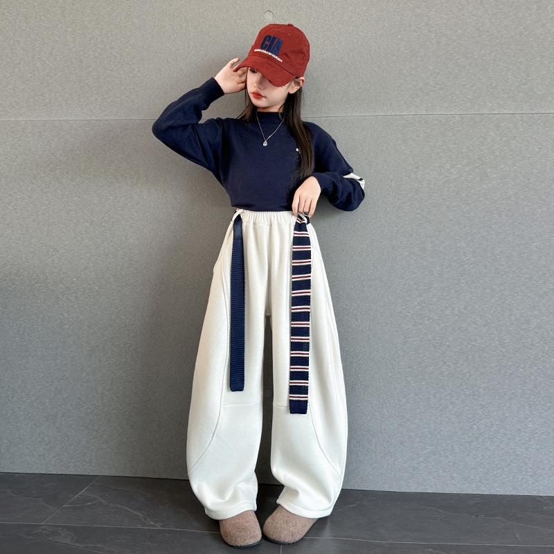 2025 Autumn/Winter Girls' Fleece-Lined Scimitar Sweatpants - Thick, Warm Sports Pants for Big Kids