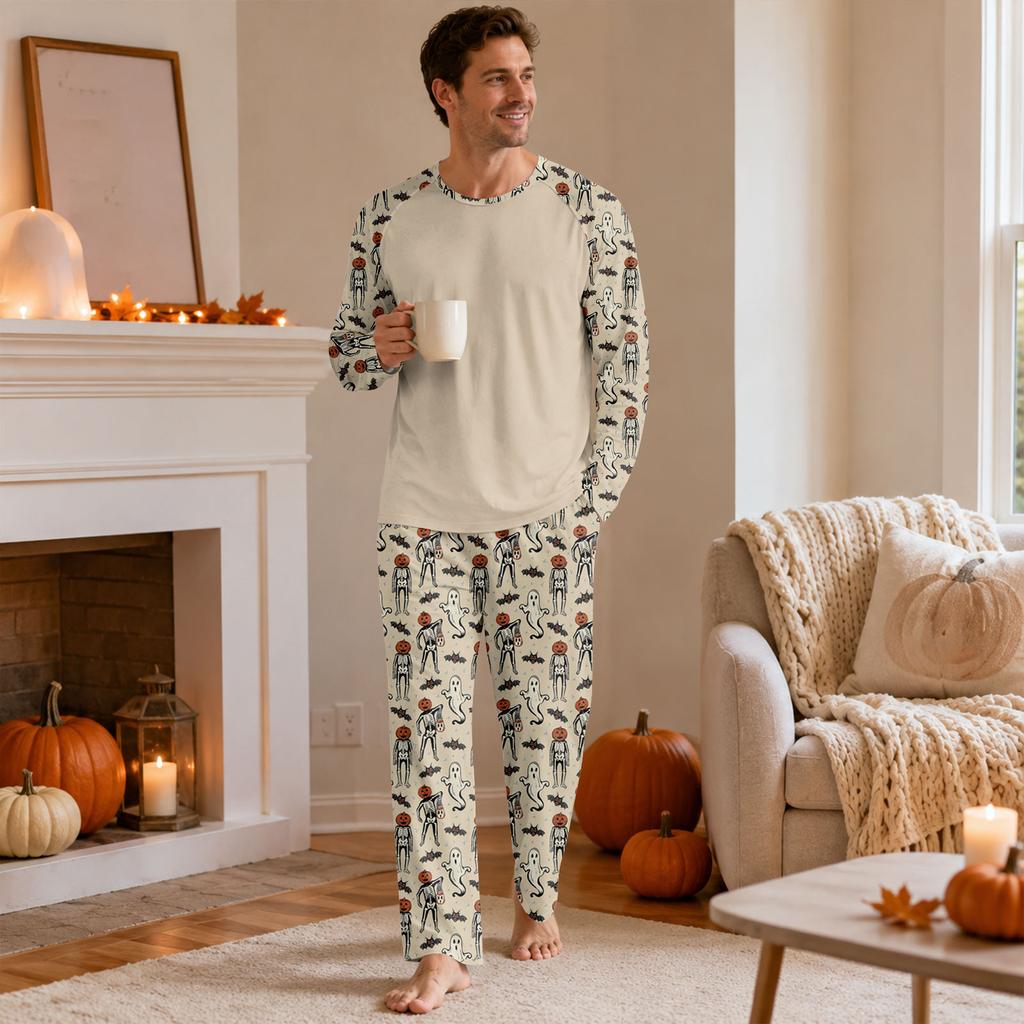 Herren Halloween Pyjama-Set mit langärmeligem Oberteil und langer Hose, lässig, bequem, Nachtwäsche