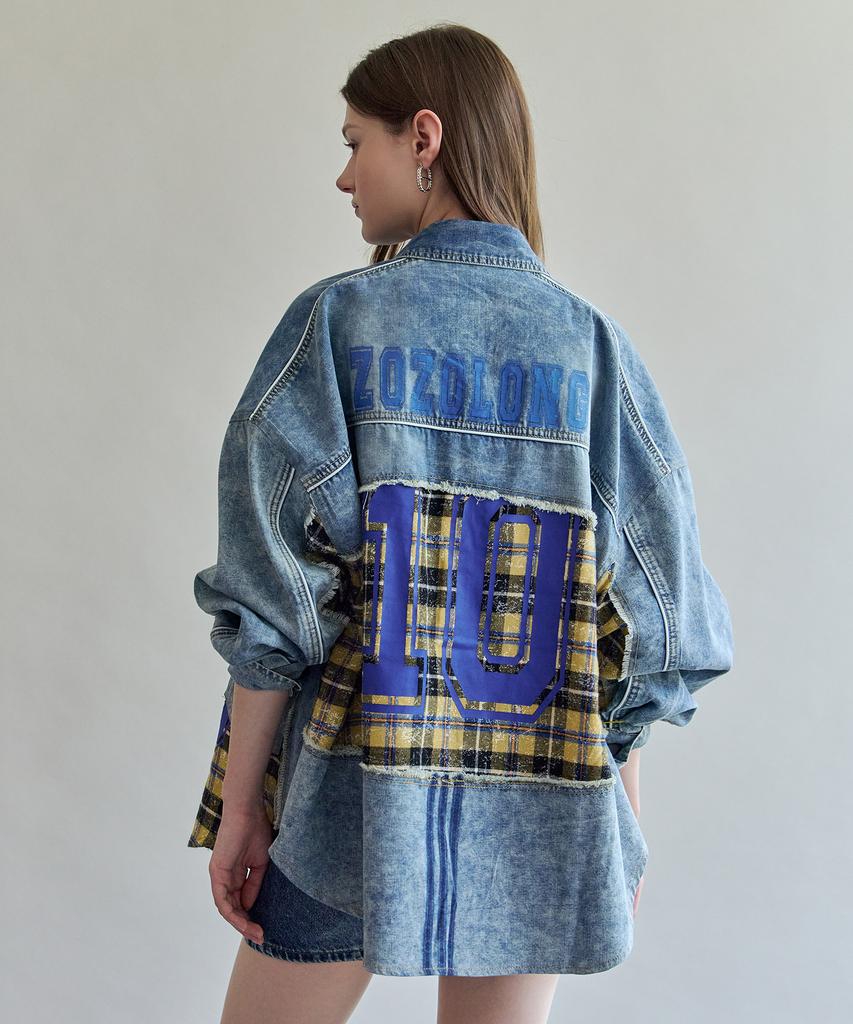 MAXZA Check Patchwork Loose Fit Denim Shirt